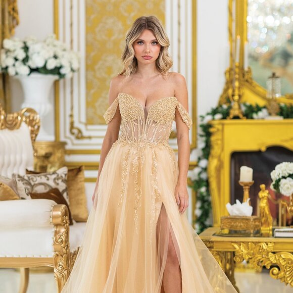 New Off Shoulder Long Semi-Ball Gown w/ Sheer Beads Embellished Bodice DQ 4490 - Picture 1 of 8